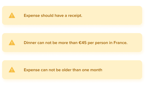 Warnings - Expense should have receipt. Dinner can not be more than €45 per person in France. Expense can not be older than one month.