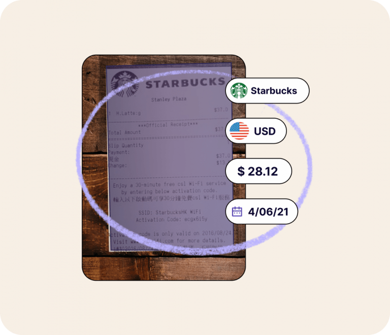 Phone scan with a receipt from USA, Starbucks, 28.12$ on 4/06/21